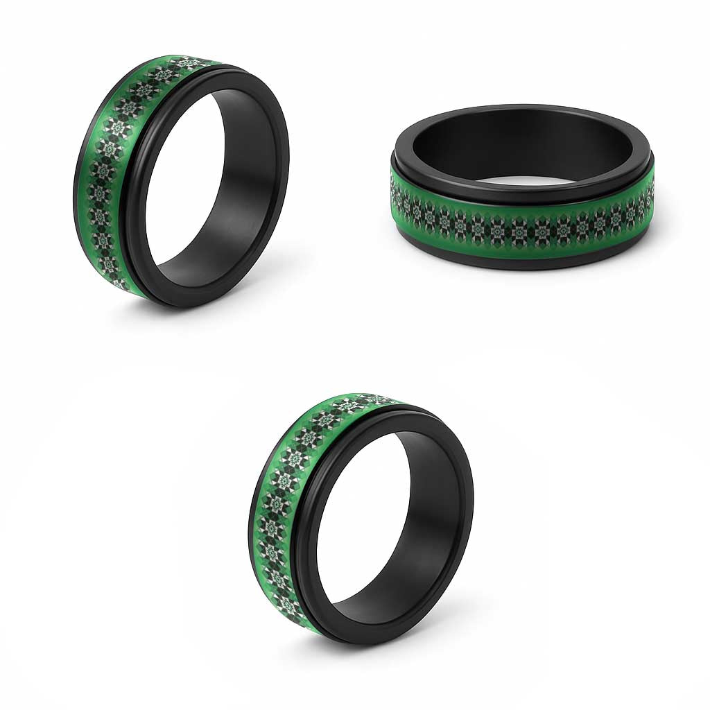 New Zealand Spinner Ring Poutama Mix Green Taniko Inspired Art - Polynesian Pride