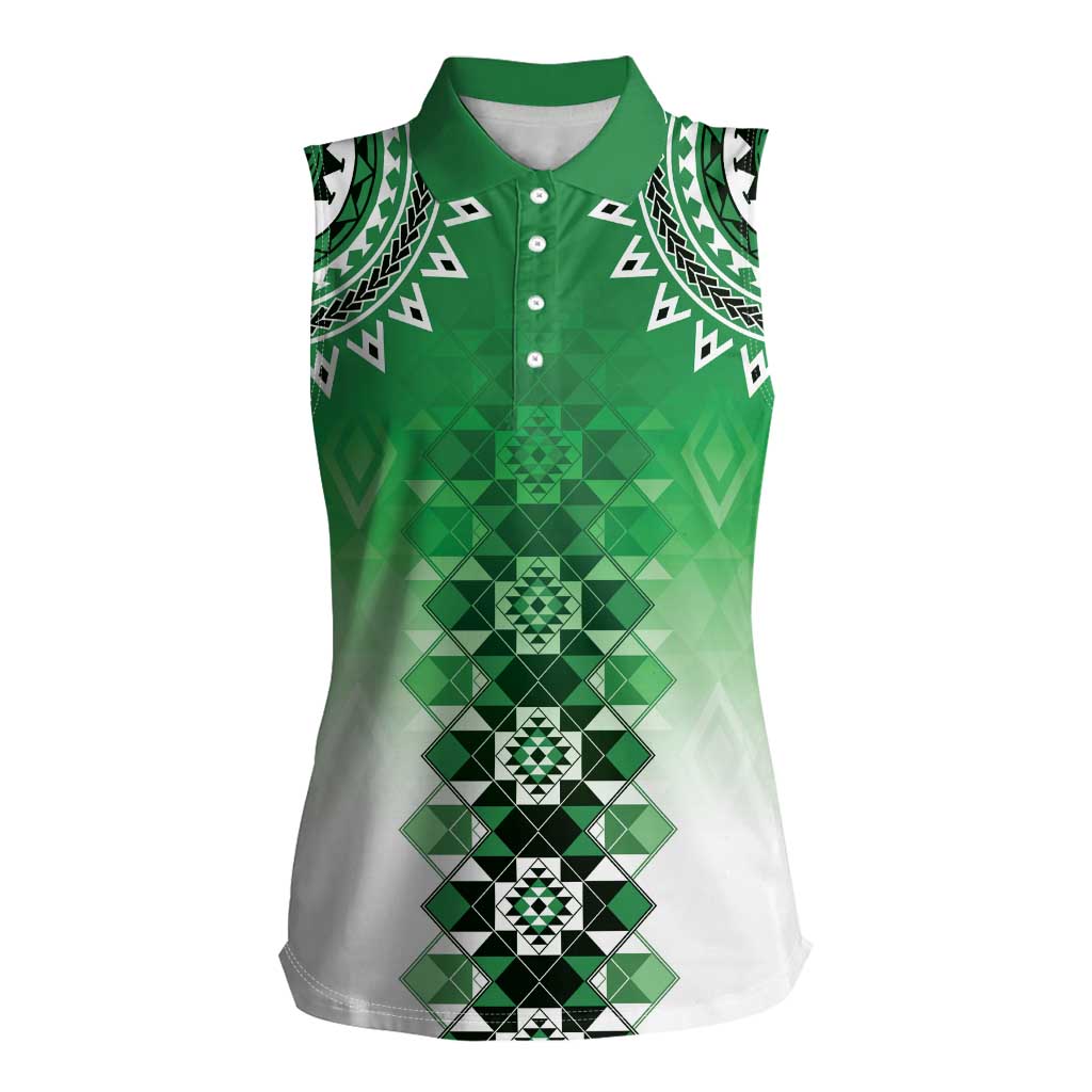 New Zealand Women Sleeveless Polo Shirt Poutama Mix Green Taniko Inspired Art LT05 Female Green - Polynesian Pride