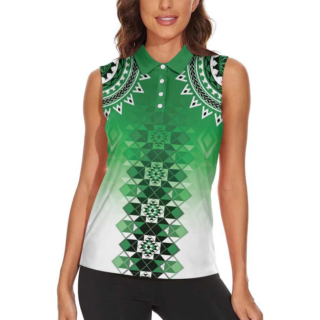 New Zealand Women Sleeveless Polo Shirt Poutama Mix Green Taniko Inspired Art LT05 - Polynesian Pride