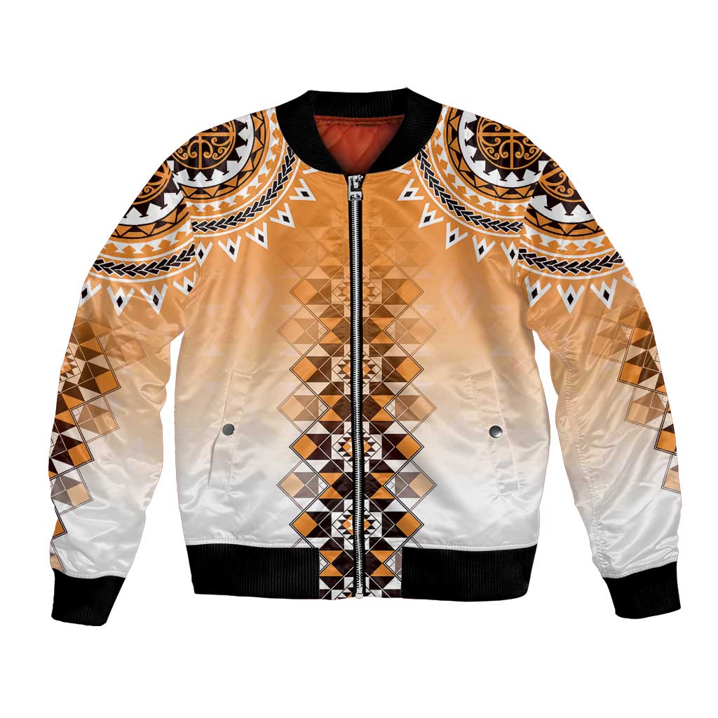 New Zealand Bomber Jacket Poutama Mix Orange Taniko Inspired Art LT05