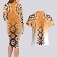 New Zealand Couples Matching Long Sleeve Bodycon Dress and Hawaiian Shirt Poutama Mix Orange Taniko Inspired Art LT05