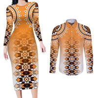 New Zealand Couples Matching Long Sleeve Bodycon Dress and Long Sleeve Button Shirt Poutama Mix Orange Taniko Inspired Art LT05