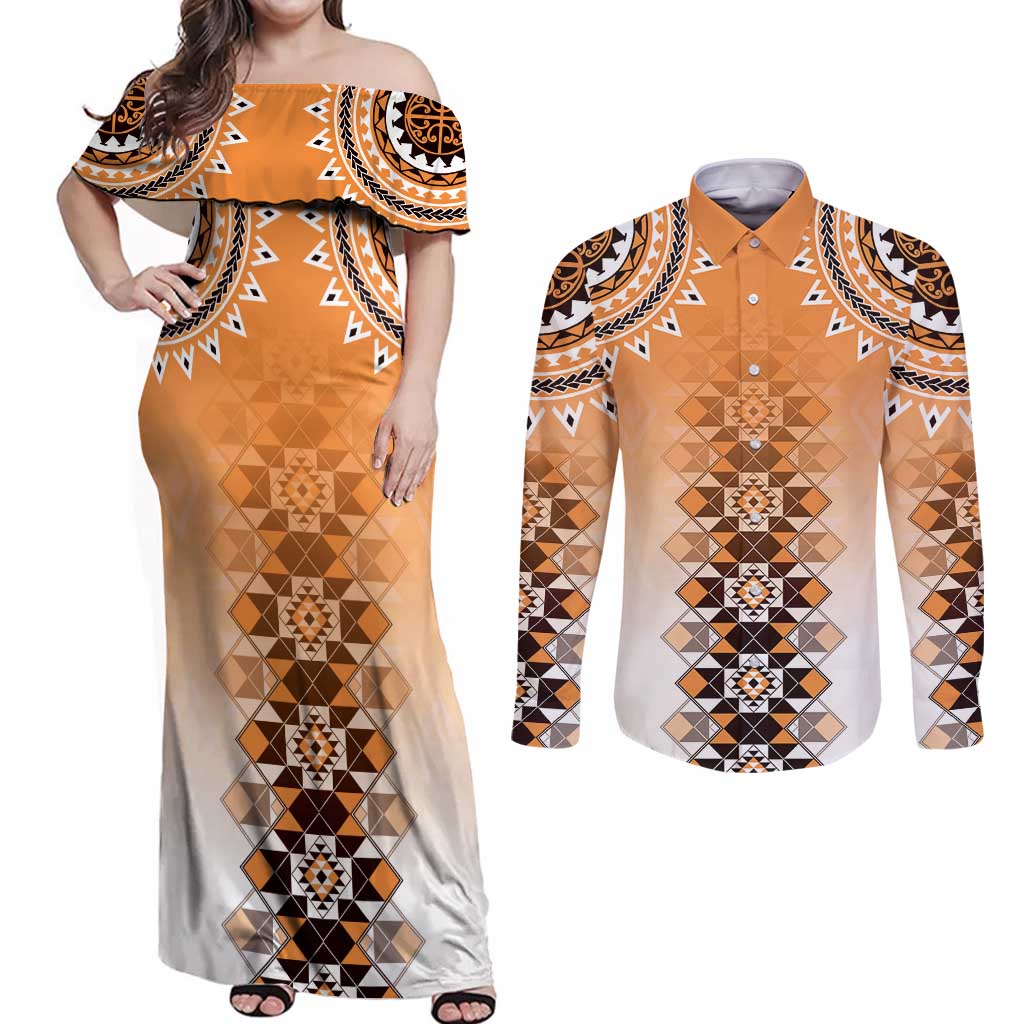 New Zealand Couples Matching Off Shoulder Maxi Dress and Long Sleeve Button Shirt Poutama Mix Orange Taniko Inspired Art LT05