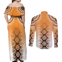 New Zealand Couples Matching Off Shoulder Maxi Dress and Long Sleeve Button Shirt Poutama Mix Orange Taniko Inspired Art LT05