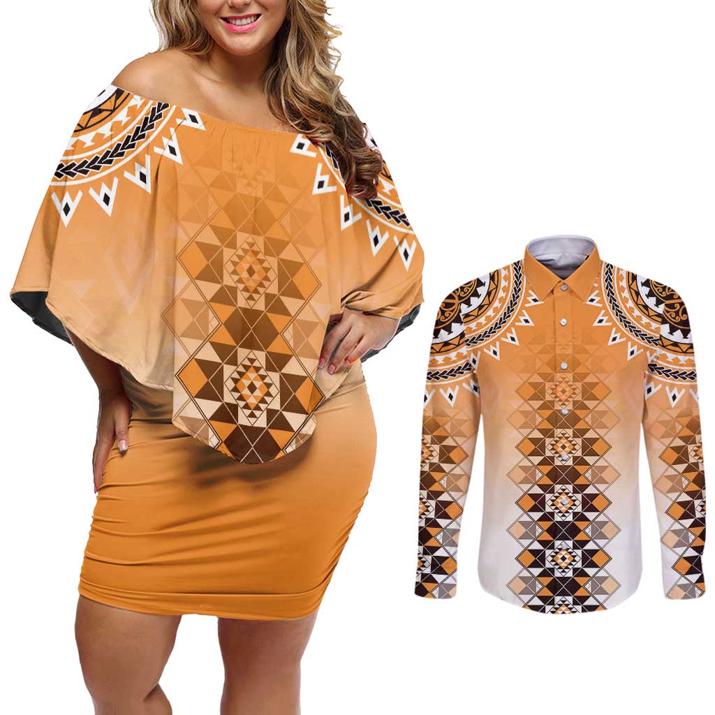 New Zealand Couples Matching Off Shoulder Short Dress and Long Sleeve Button Shirt Poutama Mix Orange Taniko Inspired Art LT05
