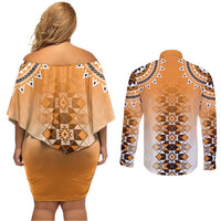 New Zealand Couples Matching Off Shoulder Short Dress and Long Sleeve Button Shirt Poutama Mix Orange Taniko Inspired Art LT05