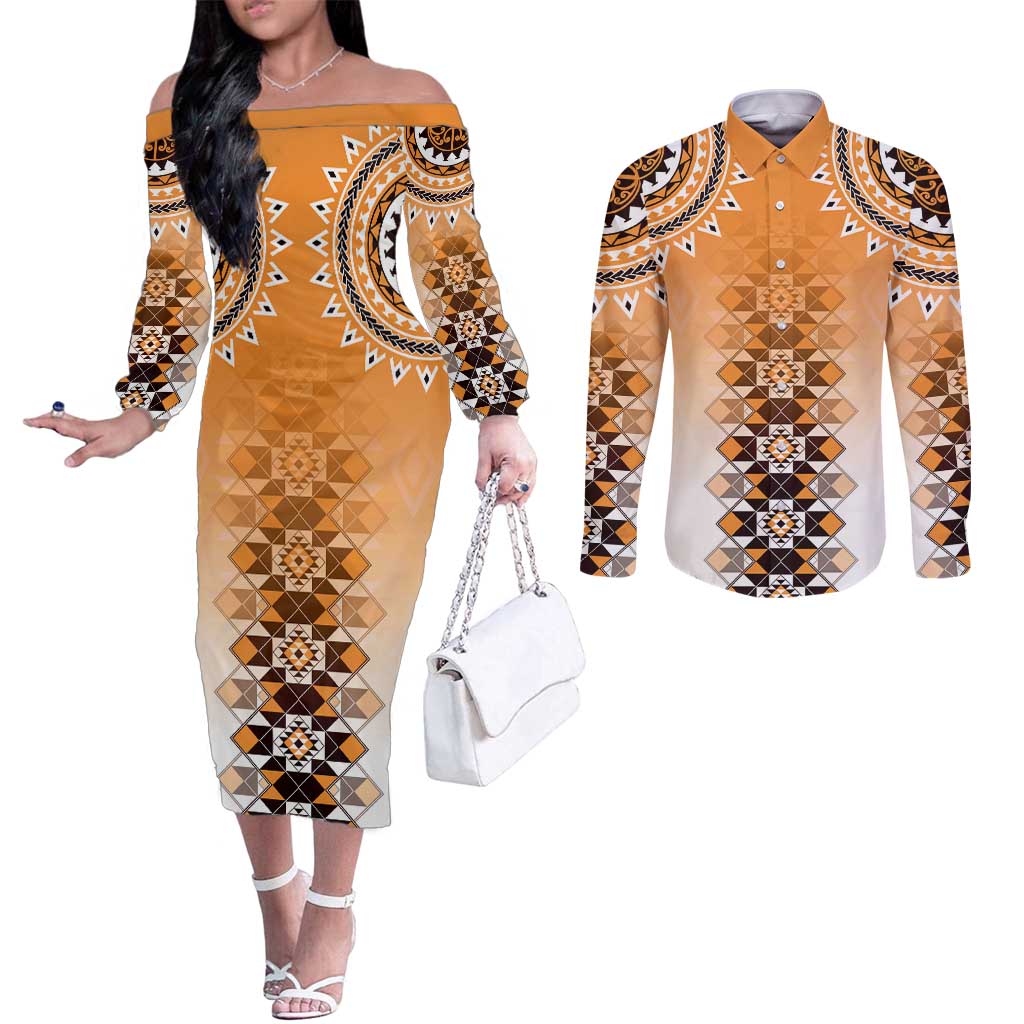 New Zealand Couples Matching Off The Shoulder Long Sleeve Dress and Long Sleeve Button Shirt Poutama Mix Orange Taniko Inspired Art LT05