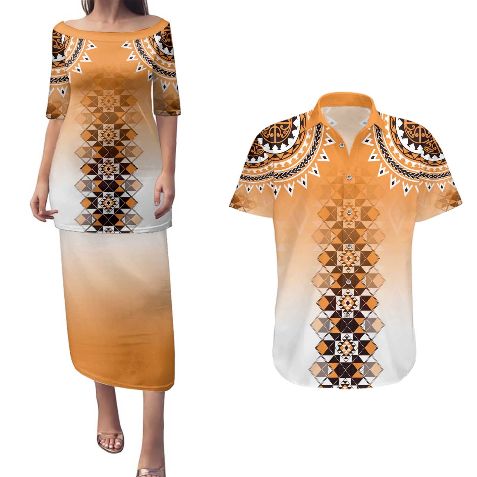 New Zealand Couples Matching Puletasi and Hawaiian Shirt Poutama Mix Orange Taniko Inspired Art LT05