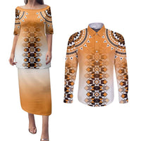 New Zealand Couples Matching Puletasi and Long Sleeve Button Shirt Poutama Mix Orange Taniko Inspired Art LT05