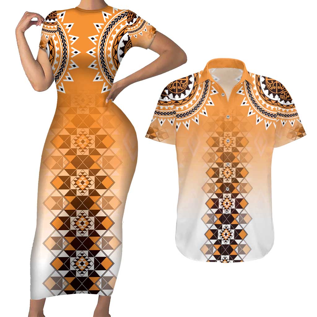 New Zealand Couples Matching Short Sleeve Bodycon Dress and Hawaiian Shirt Poutama Mix Orange Taniko Inspired Art LT05