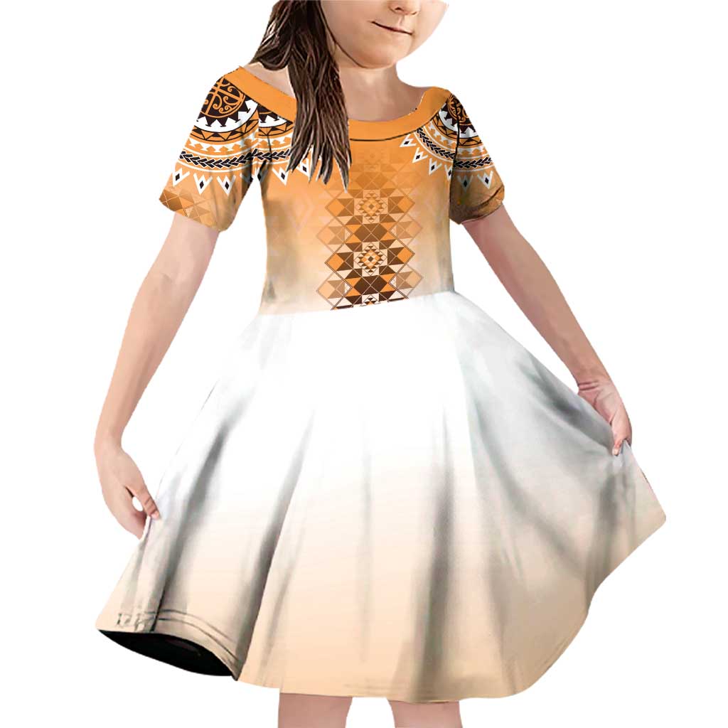 New Zealand Family Matching Off Shoulder Short Dress and Hawaiian Shirt Poutama Mix Orange Taniko Inspired Art LT05