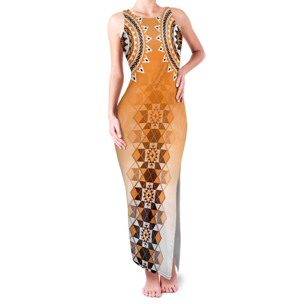 New Zealand Family Matching Tank Maxi Dress and Hawaiian Shirt Poutama Mix Orange Taniko Inspired Art LT05