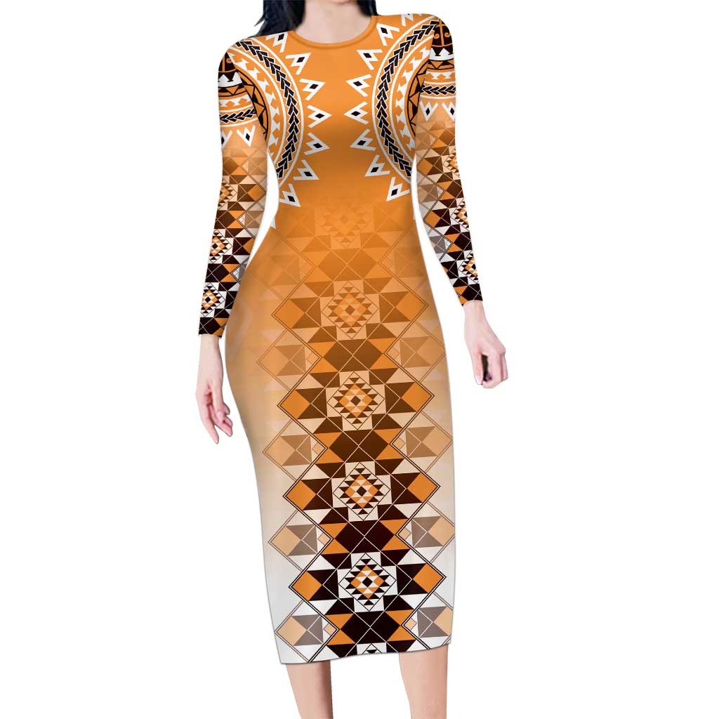 New Zealand Long Sleeve Bodycon Dress Poutama Mix Orange Taniko Inspired Art LT05