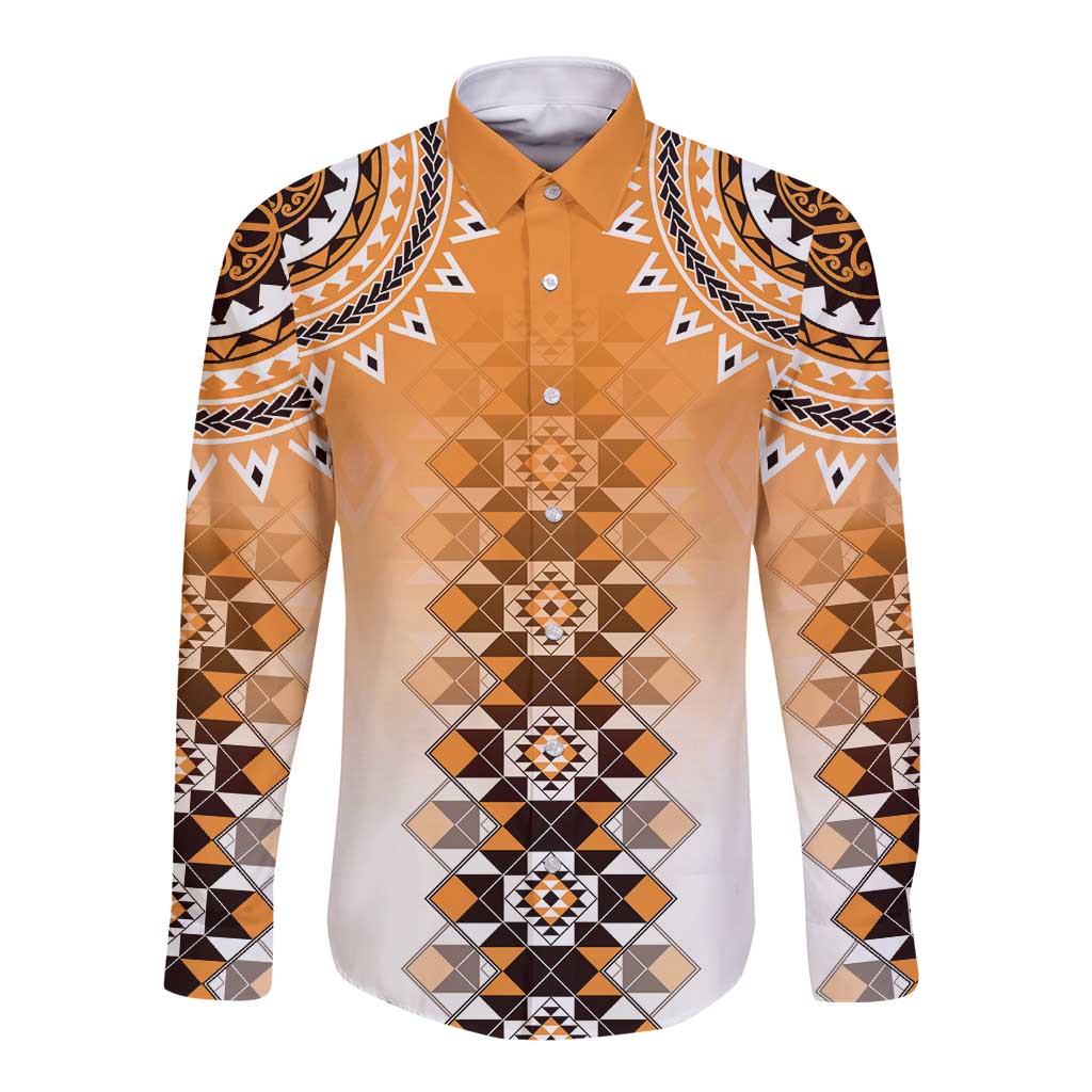 New Zealand Long Sleeve Button Shirt Poutama Mix Orange Taniko Inspired Art LT05