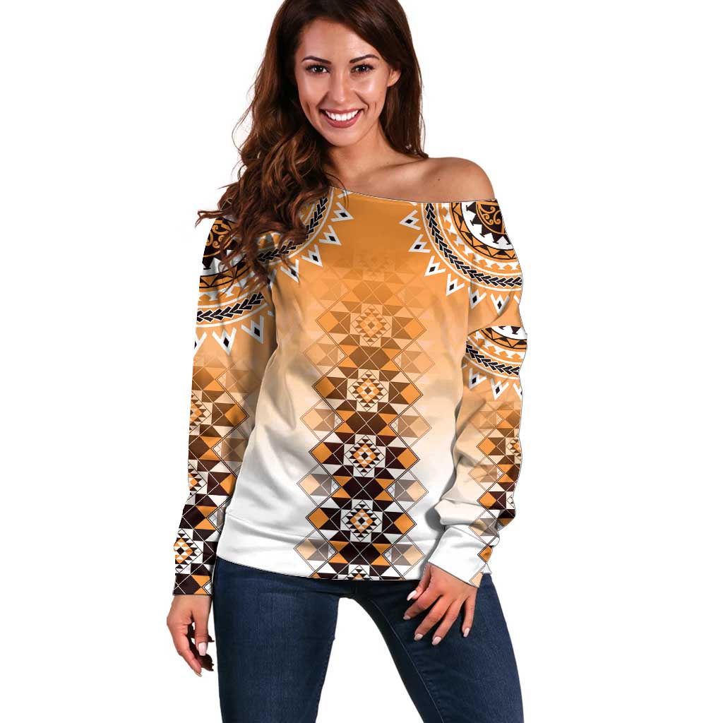 New Zealand Off Shoulder Sweater Poutama Mix Orange Taniko Inspired Art LT05