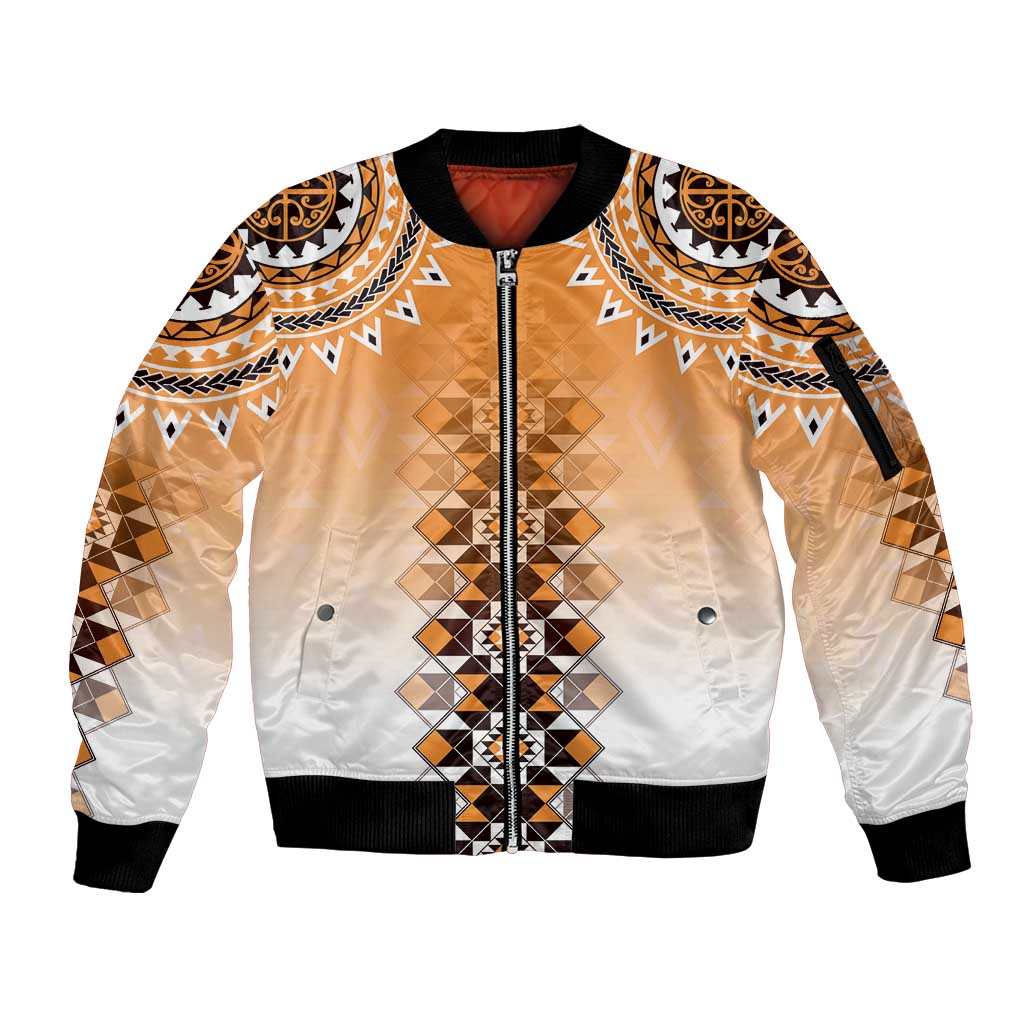 New Zealand Sleeve Zip Bomber Jacket Poutama Mix Orange Taniko Inspired Art LT05