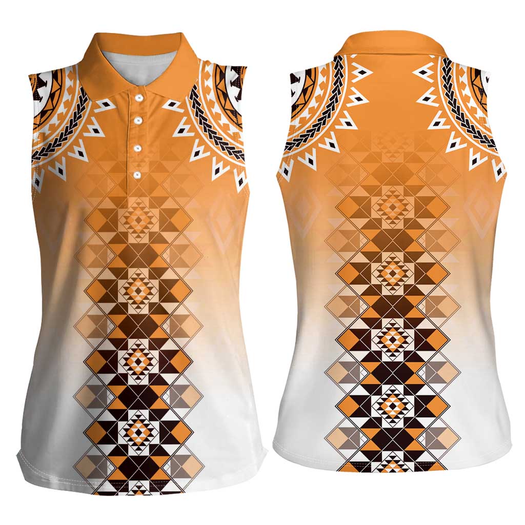 New Zealand Women Sleeveless Polo Shirt Poutama Mix Orange Taniko Inspired Art LT05 - Polynesian Pride