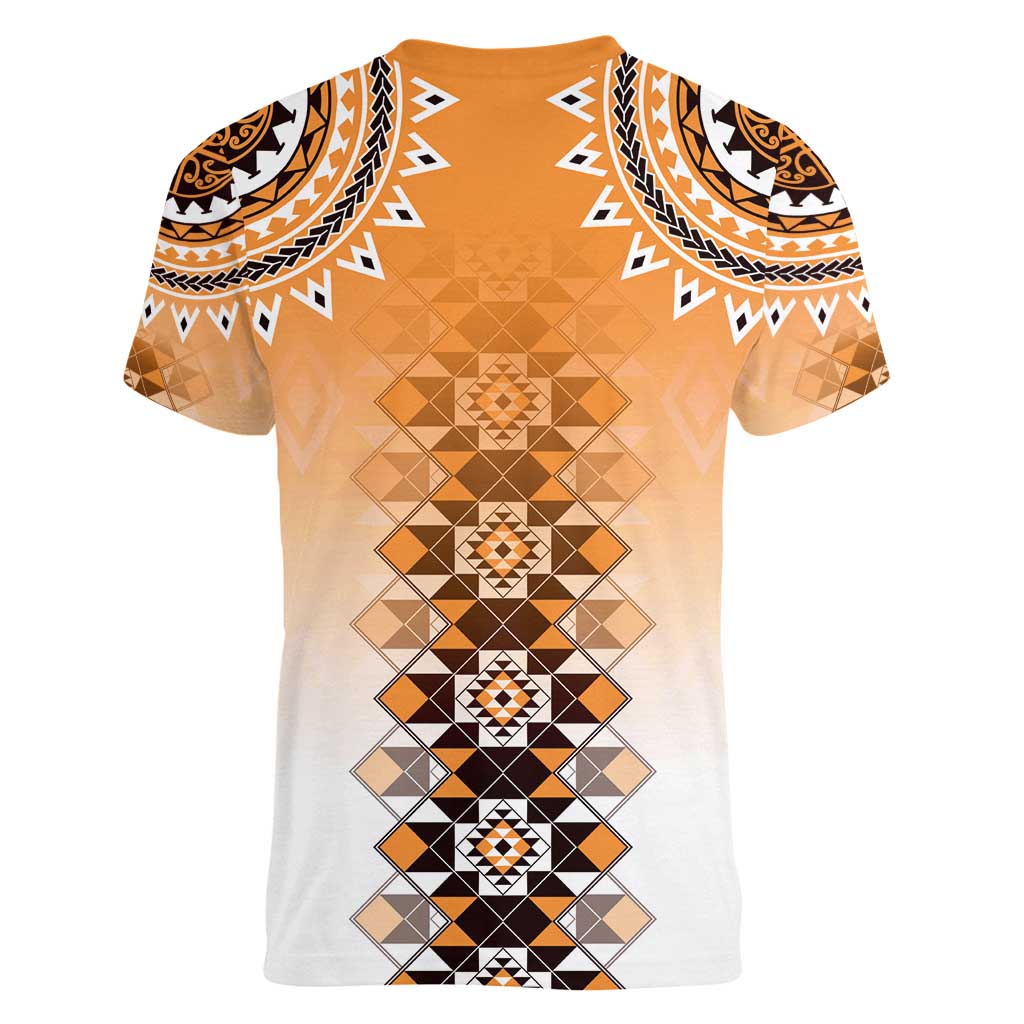New Zealand Women V-Neck T-Shirt Poutama Mix Orange Taniko Inspired Art LT05 - Polynesian Pride