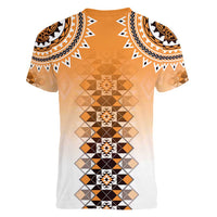 New Zealand Women V-Neck T-Shirt Poutama Mix Orange Taniko Inspired Art LT05 - Polynesian Pride