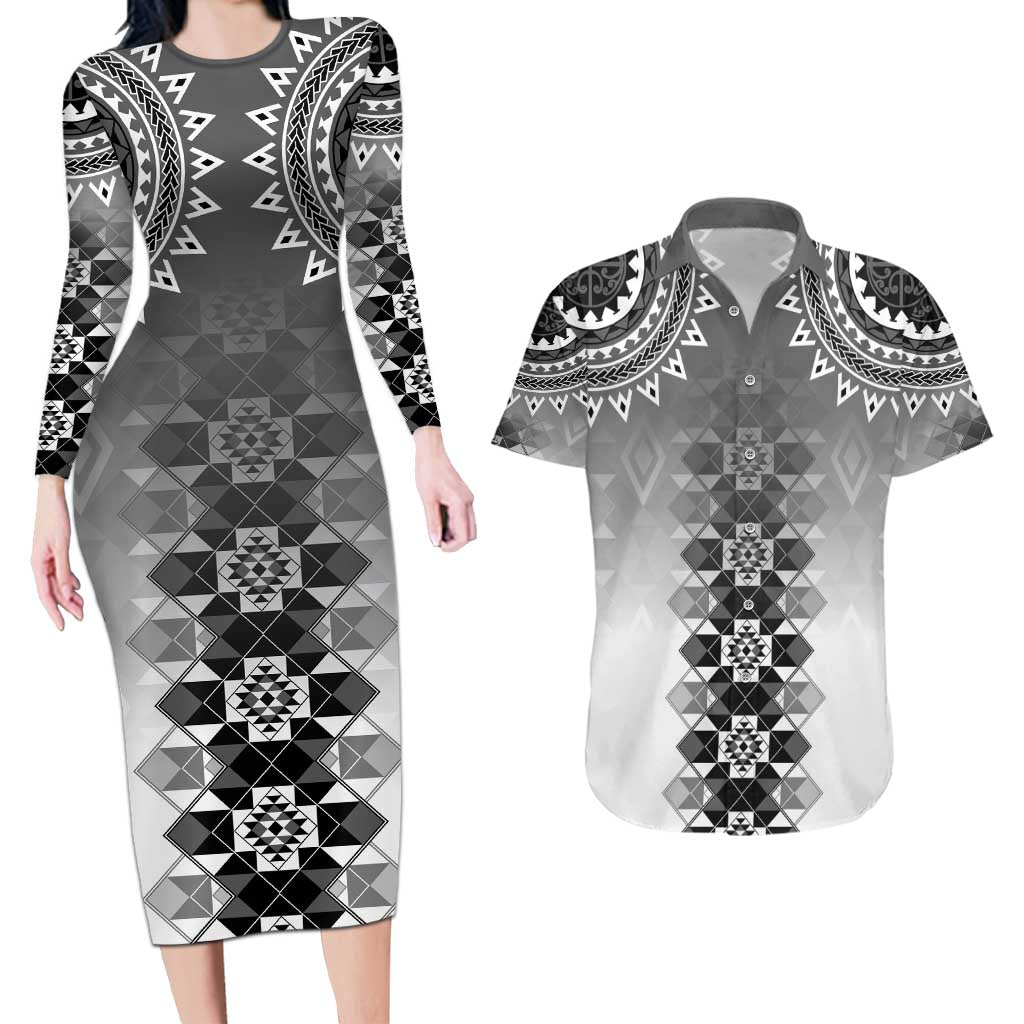 New Zealand Couples Matching Long Sleeve Bodycon Dress and Hawaiian Shirt Poutama Mix Gray Taniko Inspired Art LT05