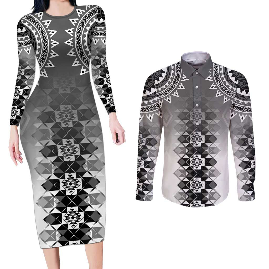New Zealand Couples Matching Long Sleeve Bodycon Dress and Long Sleeve Button Shirt Poutama Mix Gray Taniko Inspired Art LT05