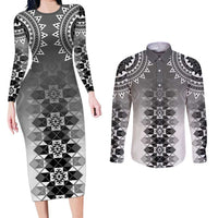 New Zealand Couples Matching Long Sleeve Bodycon Dress and Long Sleeve Button Shirt Poutama Mix Gray Taniko Inspired Art LT05