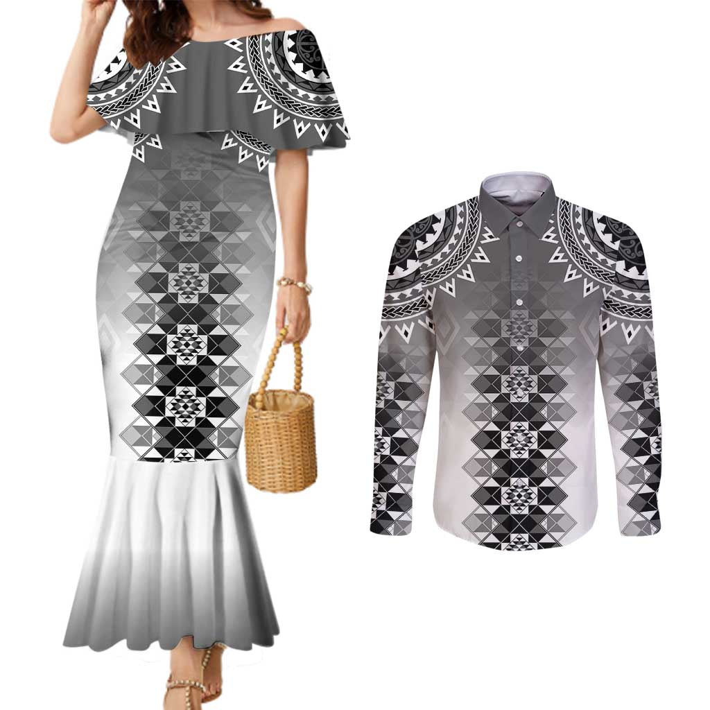 New Zealand Couples Matching Mermaid Dress and Long Sleeve Button Shirt Poutama Mix Gray Taniko Inspired Art LT05