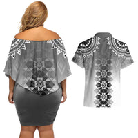 New Zealand Couples Matching Off Shoulder Short Dress and Hawaiian Shirt Poutama Mix Gray Taniko Inspired Art LT05