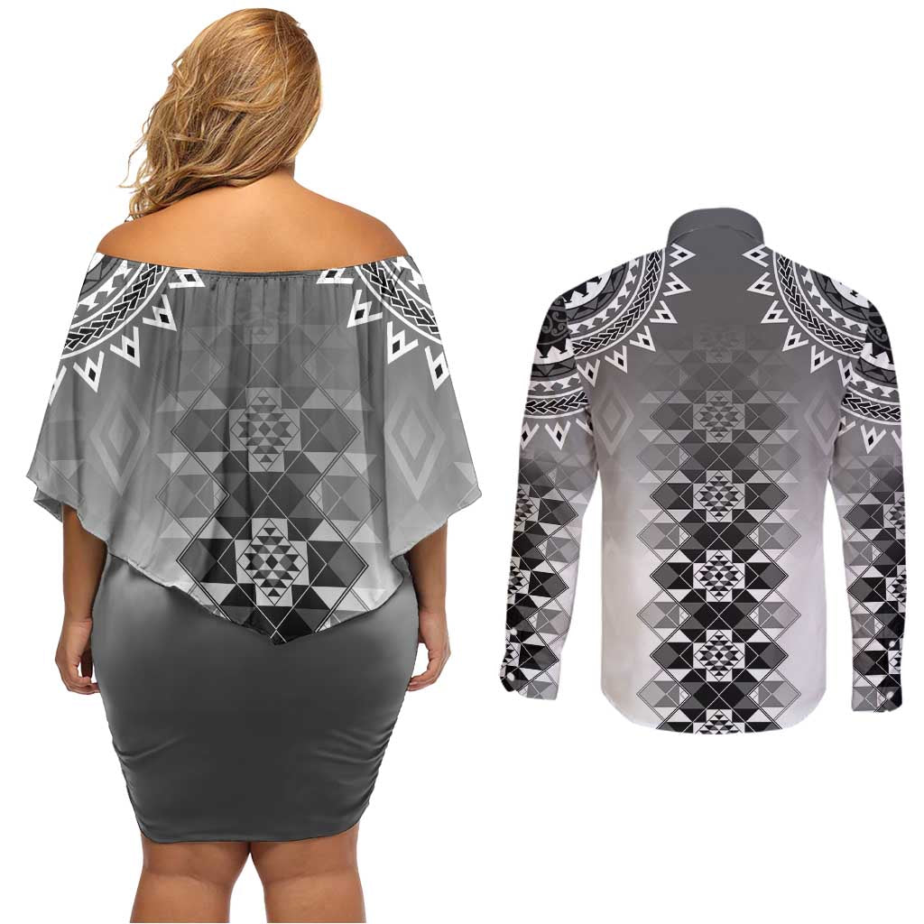 New Zealand Couples Matching Off Shoulder Short Dress and Long Sleeve Button Shirt Poutama Mix Gray Taniko Inspired Art LT05
