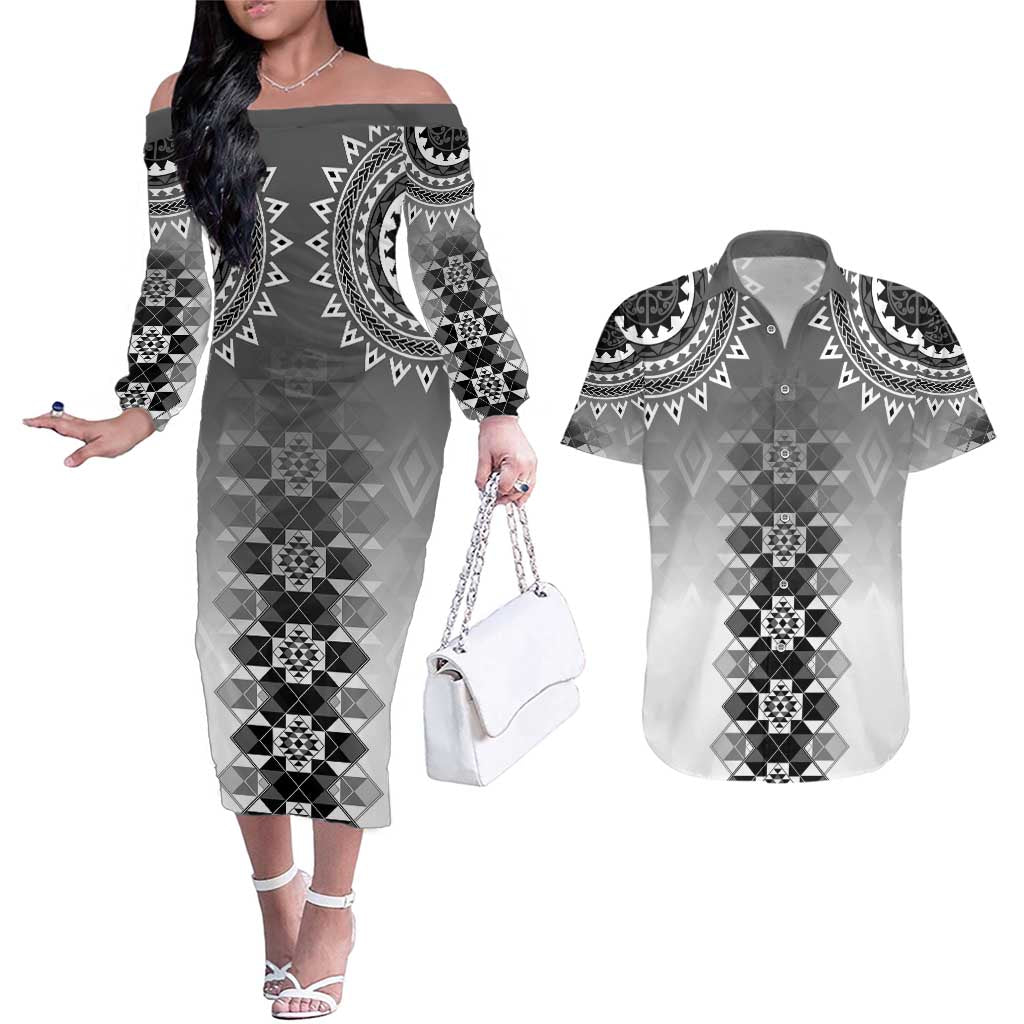 New Zealand Couples Matching Off The Shoulder Long Sleeve Dress and Hawaiian Shirt Poutama Mix Gray Taniko Inspired Art LT05