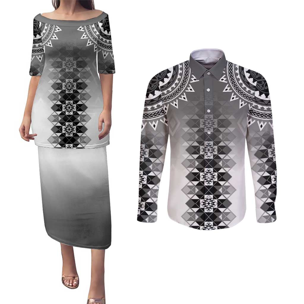 New Zealand Couples Matching Puletasi and Long Sleeve Button Shirt Poutama Mix Gray Taniko Inspired Art LT05