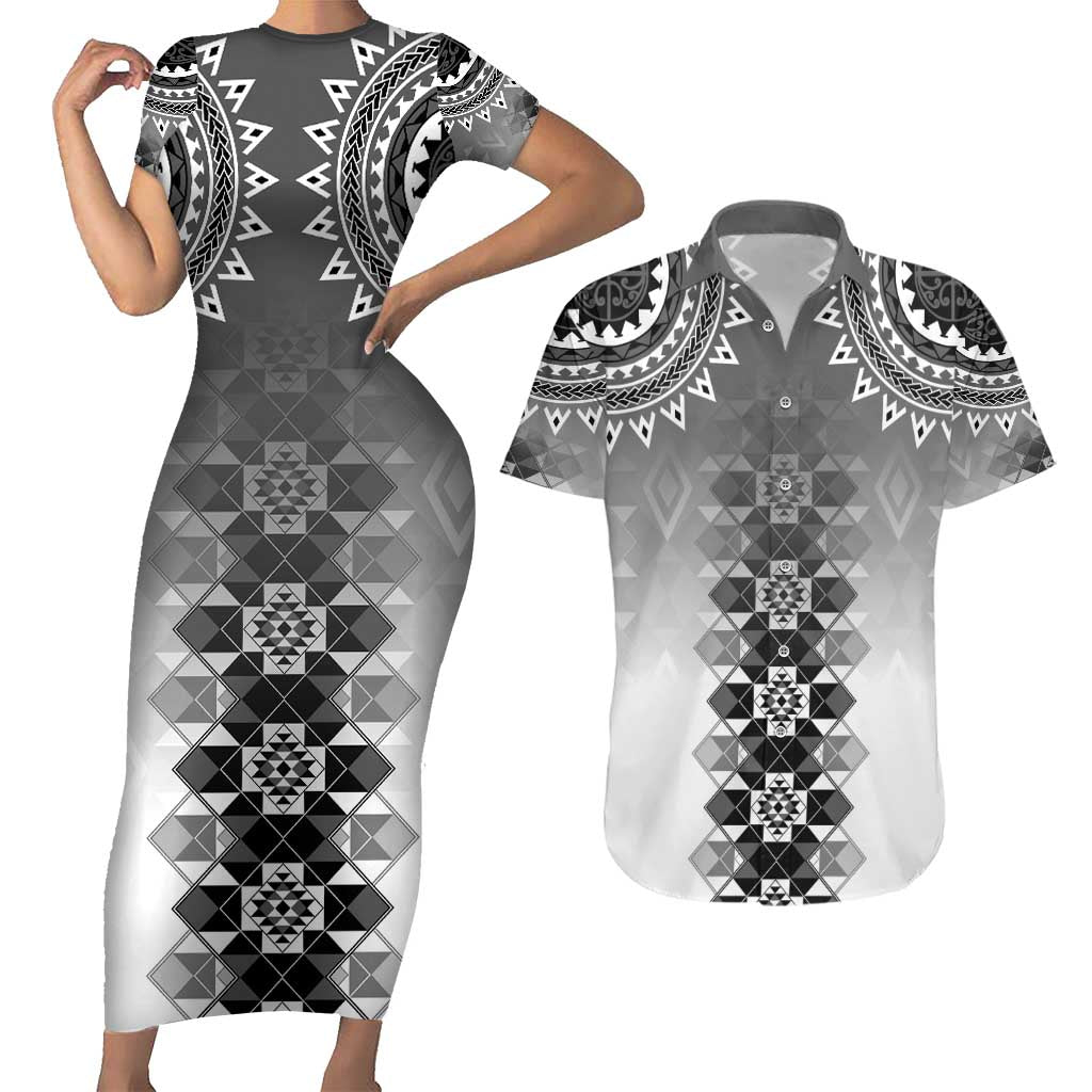 New Zealand Couples Matching Short Sleeve Bodycon Dress and Hawaiian Shirt Poutama Mix Gray Taniko Inspired Art LT05