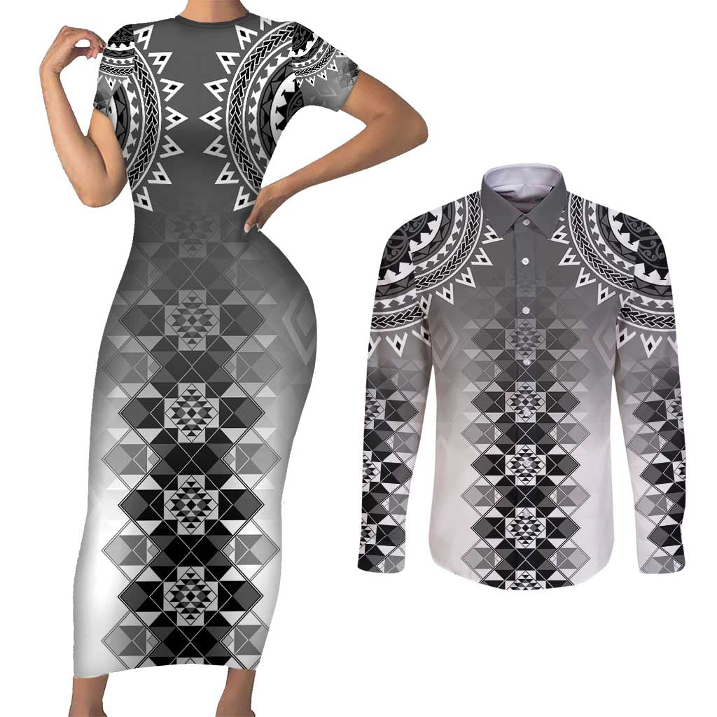 New Zealand Couples Matching Short Sleeve Bodycon Dress and Long Sleeve Button Shirt Poutama Mix Gray Taniko Inspired Art LT05