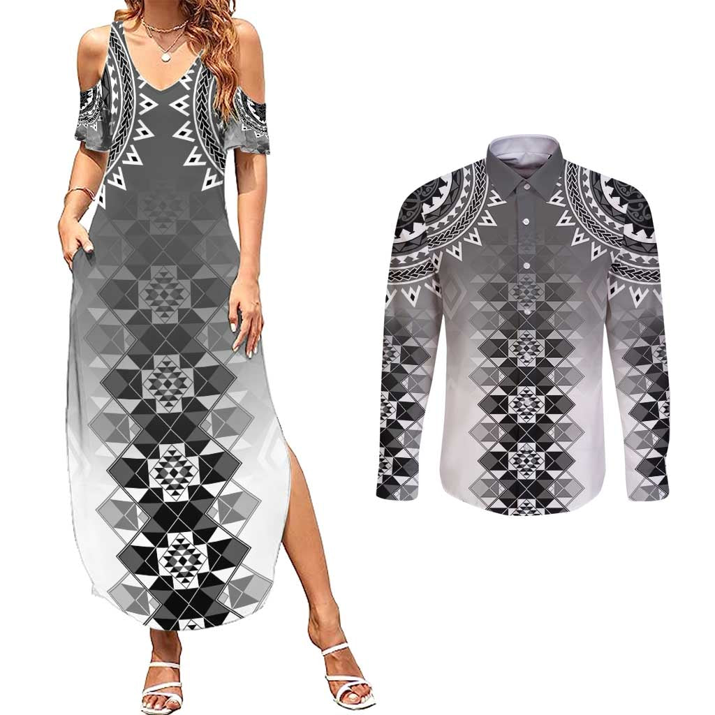 New Zealand Couples Matching Summer Maxi Dress and Long Sleeve Button Shirt Poutama Mix Gray Taniko Inspired Art LT05