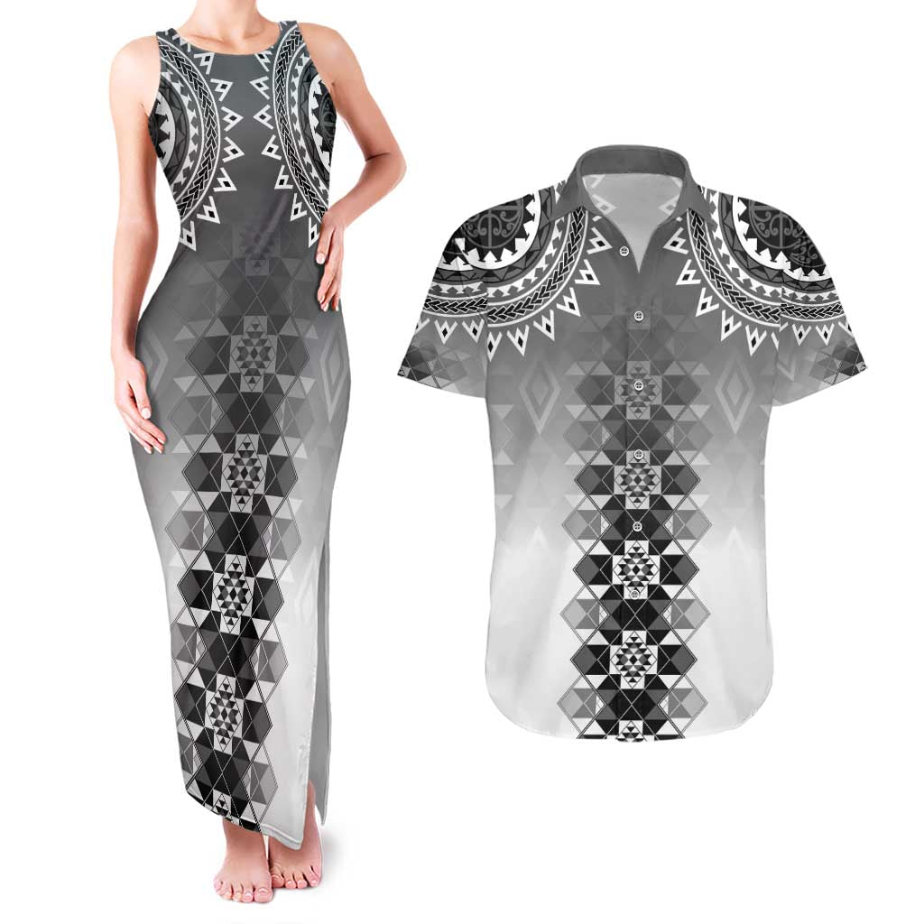 New Zealand Couples Matching Tank Maxi Dress and Hawaiian Shirt Poutama Mix Gray Taniko Inspired Art LT05