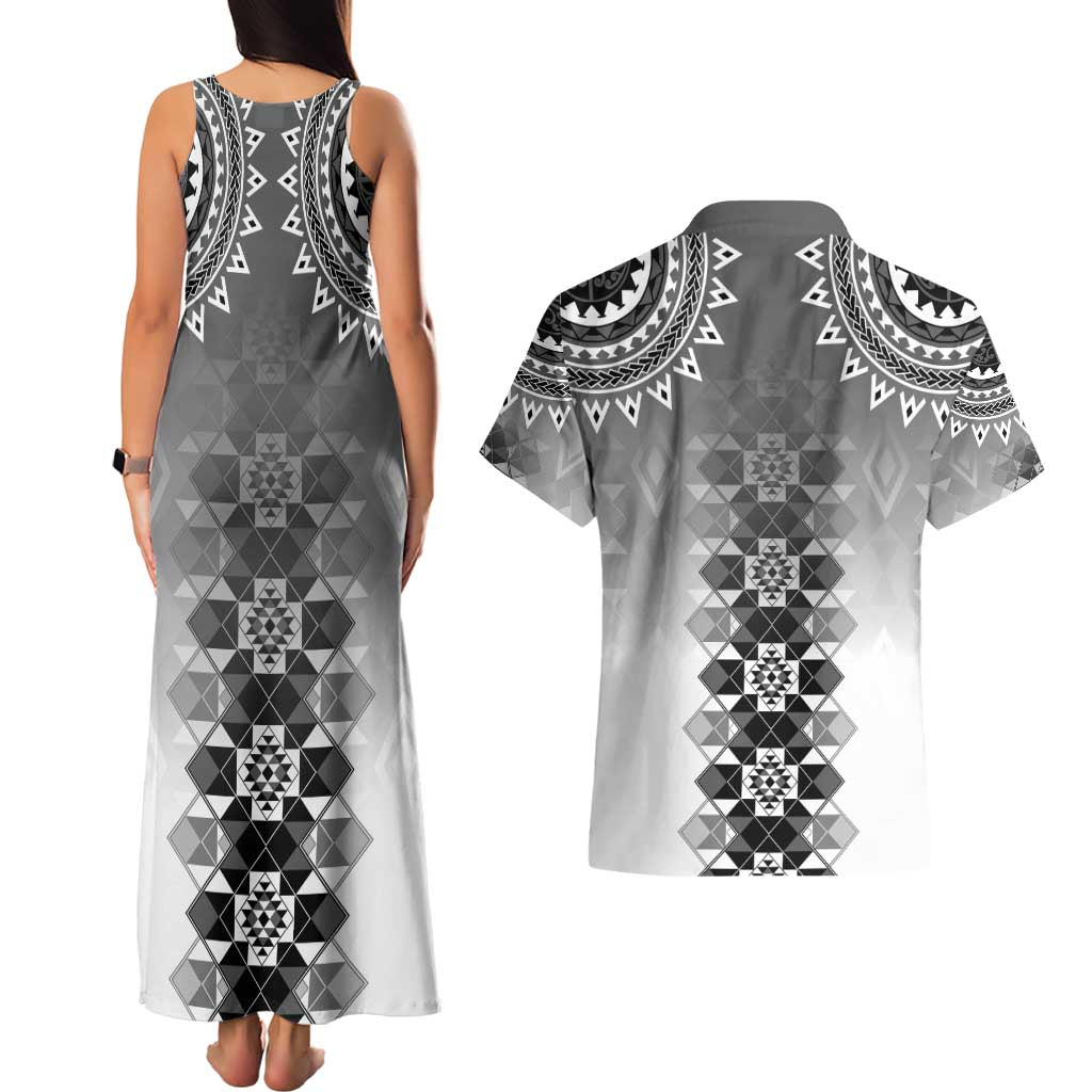 New Zealand Couples Matching Tank Maxi Dress and Hawaiian Shirt Poutama Mix Gray Taniko Inspired Art LT05