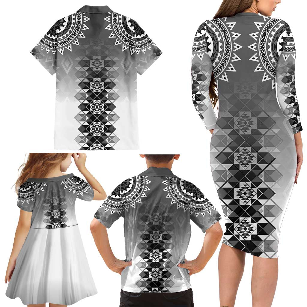 New Zealand Family Matching Long Sleeve Bodycon Dress and Hawaiian Shirt Poutama Mix Gray Taniko Inspired Art LT05