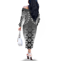 New Zealand Family Matching Off The Shoulder Long Sleeve Dress and Hawaiian Shirt Poutama Mix Gray Taniko Inspired Art LT05