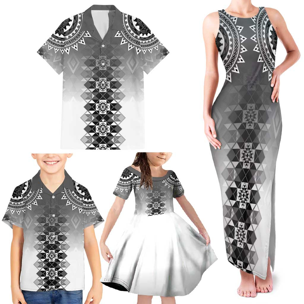 New Zealand Family Matching Tank Maxi Dress and Hawaiian Shirt Poutama Mix Gray Taniko Inspired Art LT05
