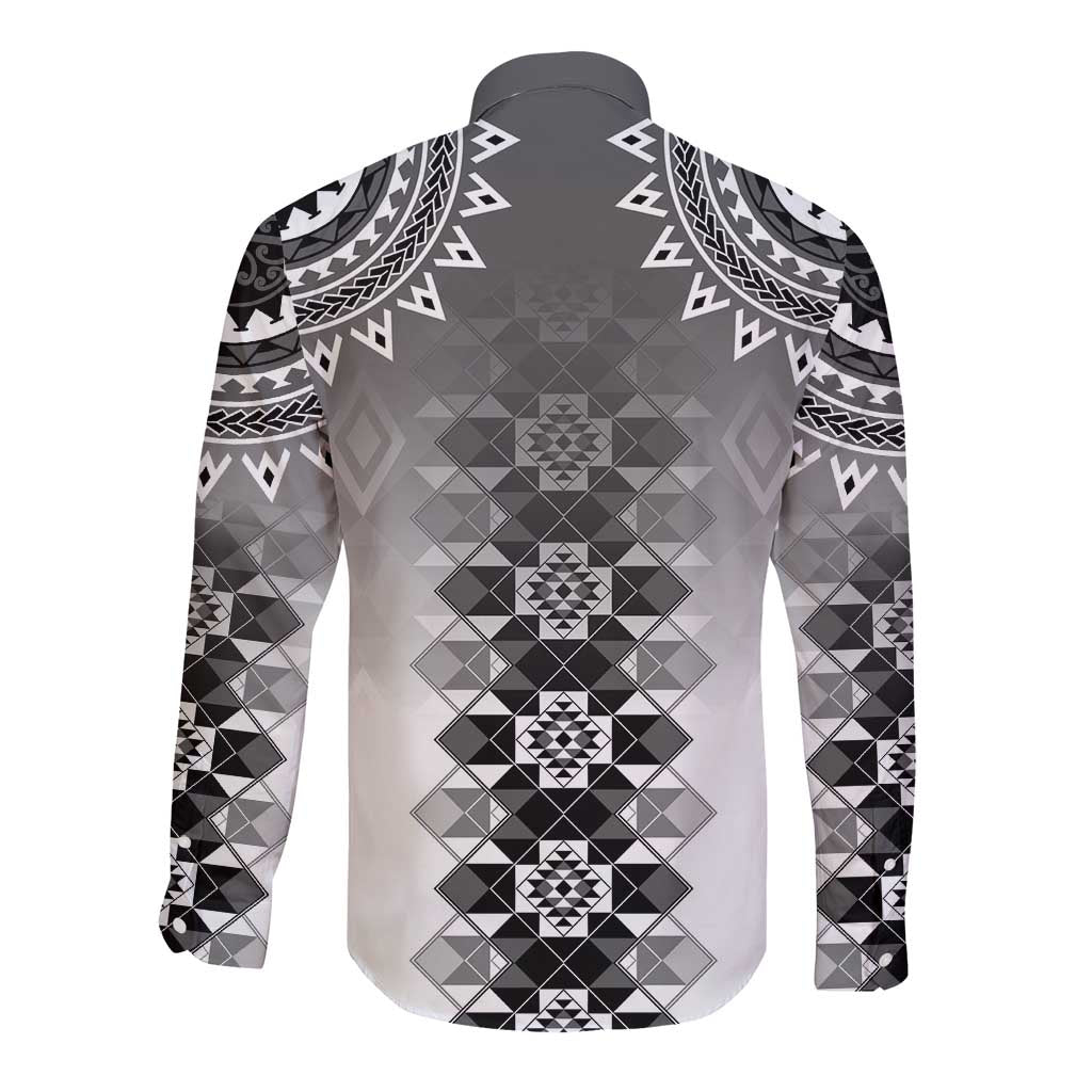 New Zealand Long Sleeve Button Shirt Poutama Mix Gray Taniko Inspired Art LT05