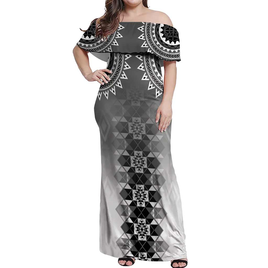 New Zealand Off Shoulder Maxi Dress Poutama Mix Gray Taniko Inspired Art LT05