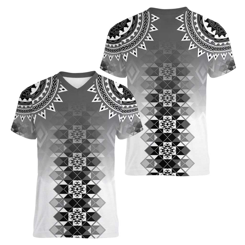 New Zealand Women V-Neck T-Shirt Poutama Mix Gray Taniko Inspired Art LT05 - Polynesian Pride