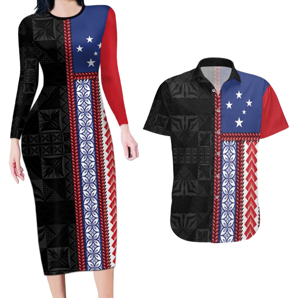 Samoa Flag Couples Matching Long Sleeve Bodycon Dress and Hawaiian Shirt Ula Fala With Samoan Siapo LT05 Black - Polynesian Pride
