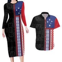 Samoa Flag Couples Matching Long Sleeve Bodycon Dress and Hawaiian Shirt Ula Fala With Samoan Siapo LT05 Black - Polynesian Pride