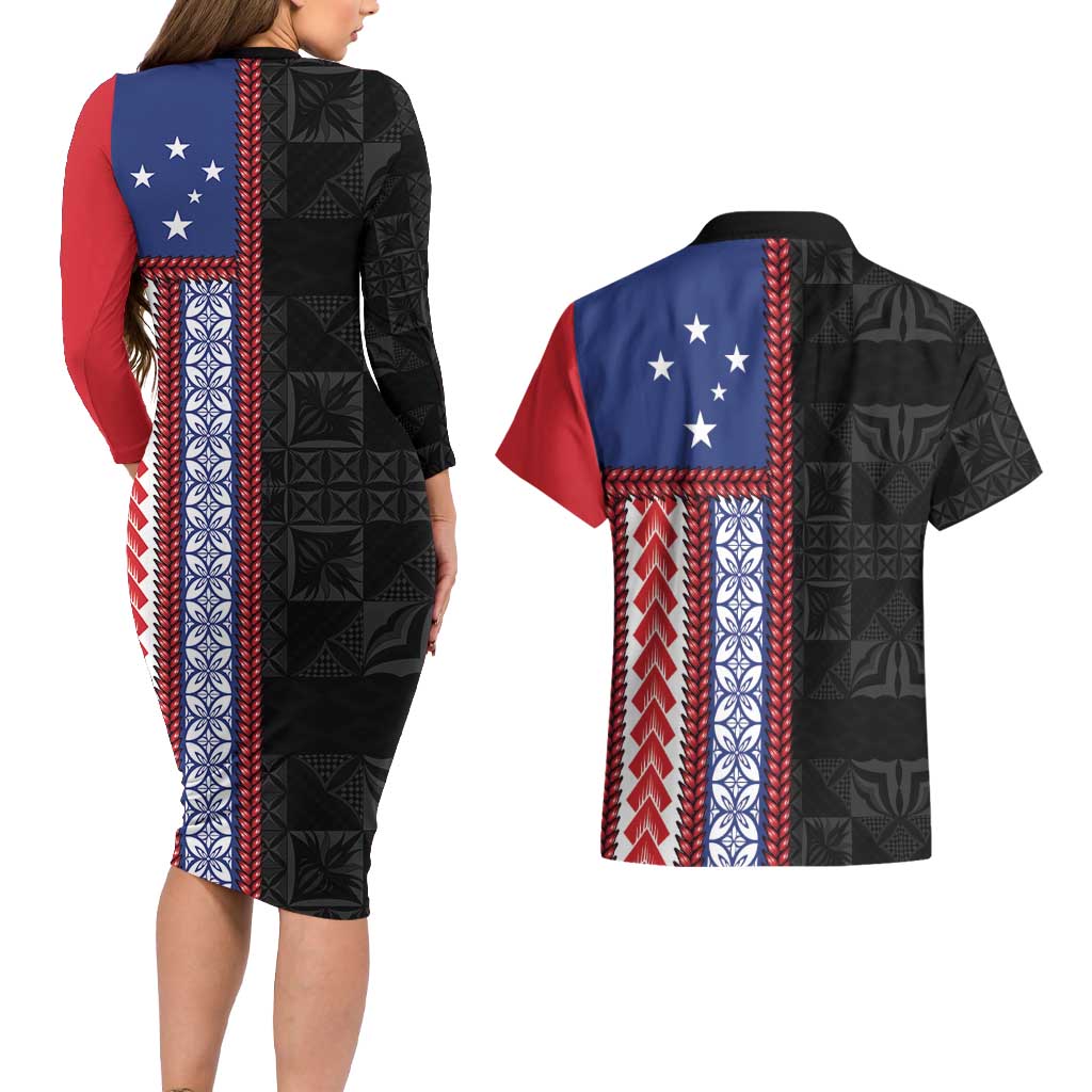 Samoa Flag Couples Matching Long Sleeve Bodycon Dress and Hawaiian Shirt Ula Fala With Samoan Siapo LT05 - Polynesian Pride