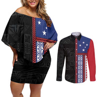 Samoa Flag Couples Matching Off Shoulder Short Dress and Long Sleeve Button Shirt Ula Fala With Samoan Siapo - Polynesian Pride