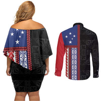 Samoa Flag Couples Matching Off Shoulder Short Dress and Long Sleeve Button Shirt Ula Fala With Samoan Siapo - Polynesian Pride