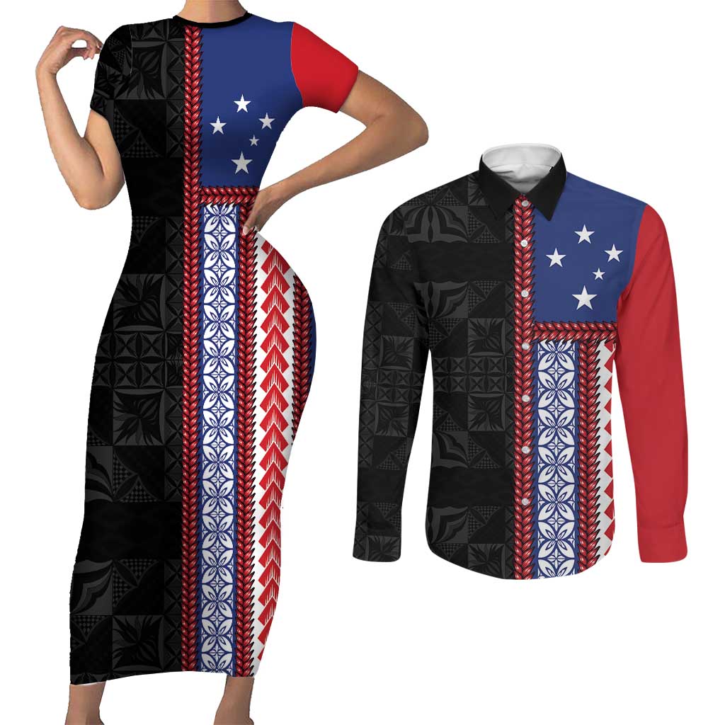 Samoa Flag Couples Matching Short Sleeve Bodycon Dress and Long Sleeve Button Shirt Ula Fala With Samoan Siapo - Polynesian Pride