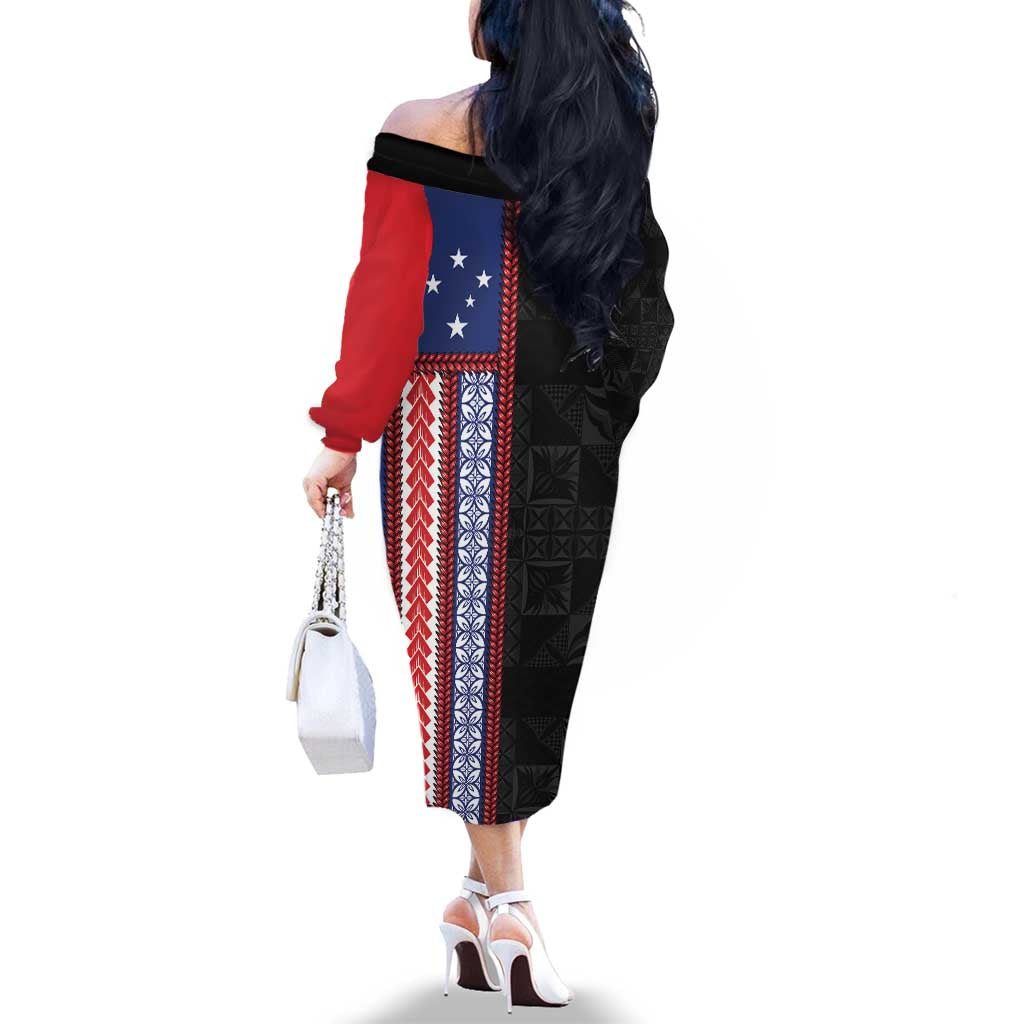 Samoa Flag Family Matching Off The Shoulder Long Sleeve Dress and Hawaiian Shirt Ula Fala With Samoan Siapo LT05 - Polynesian Pride