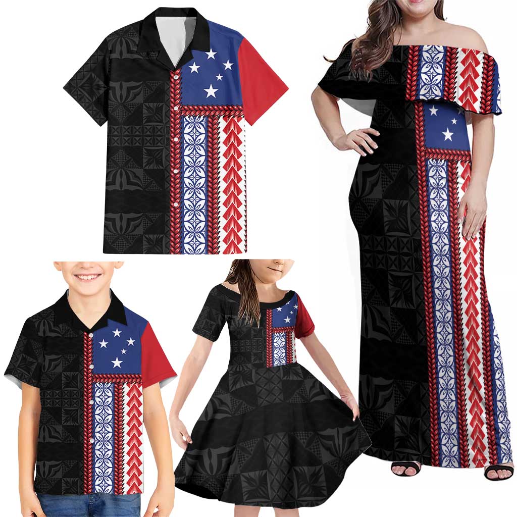 Samoa Flag Family Matching Off Shoulder Maxi Dress and Hawaiian Shirt Ula Fala With Samoan Siapo - Polynesian Pride